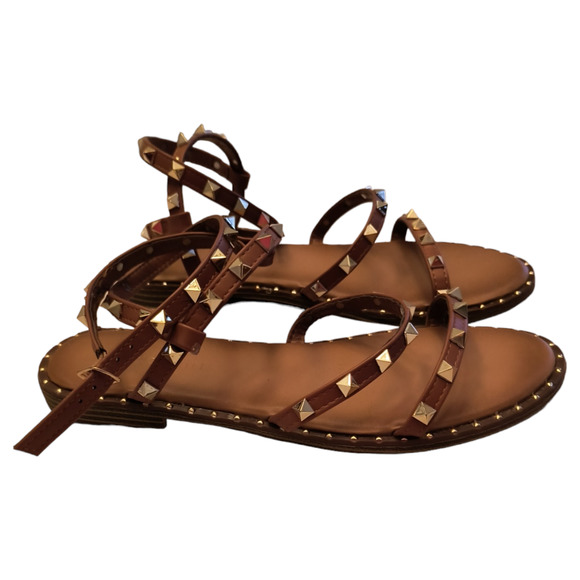 Madden Girl Fairway Sandals Women's 9.5 Tan Strappy Studded Ankle Strap Buckle - Picture 4 of 14